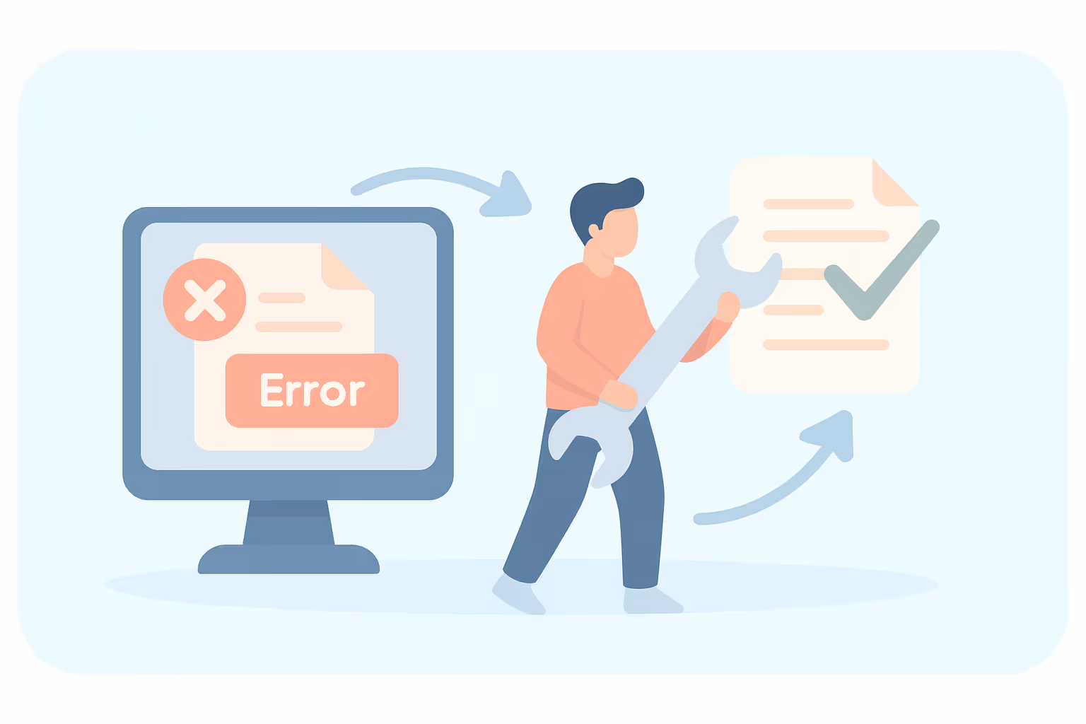 Illustration of a person holding a large wrench fixing a document error on a computer, shown by an error message on the screen and a corrected document with a check mark.
