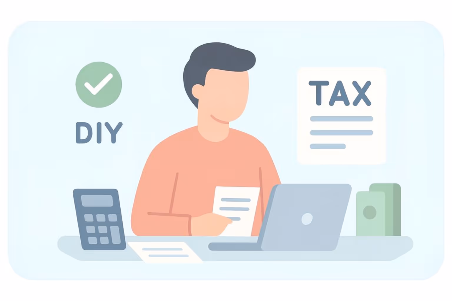 Illustration of a person preparing taxes at a desk with a laptop, calculator, and documents, next to a DIY checkmark and tax document symbol.