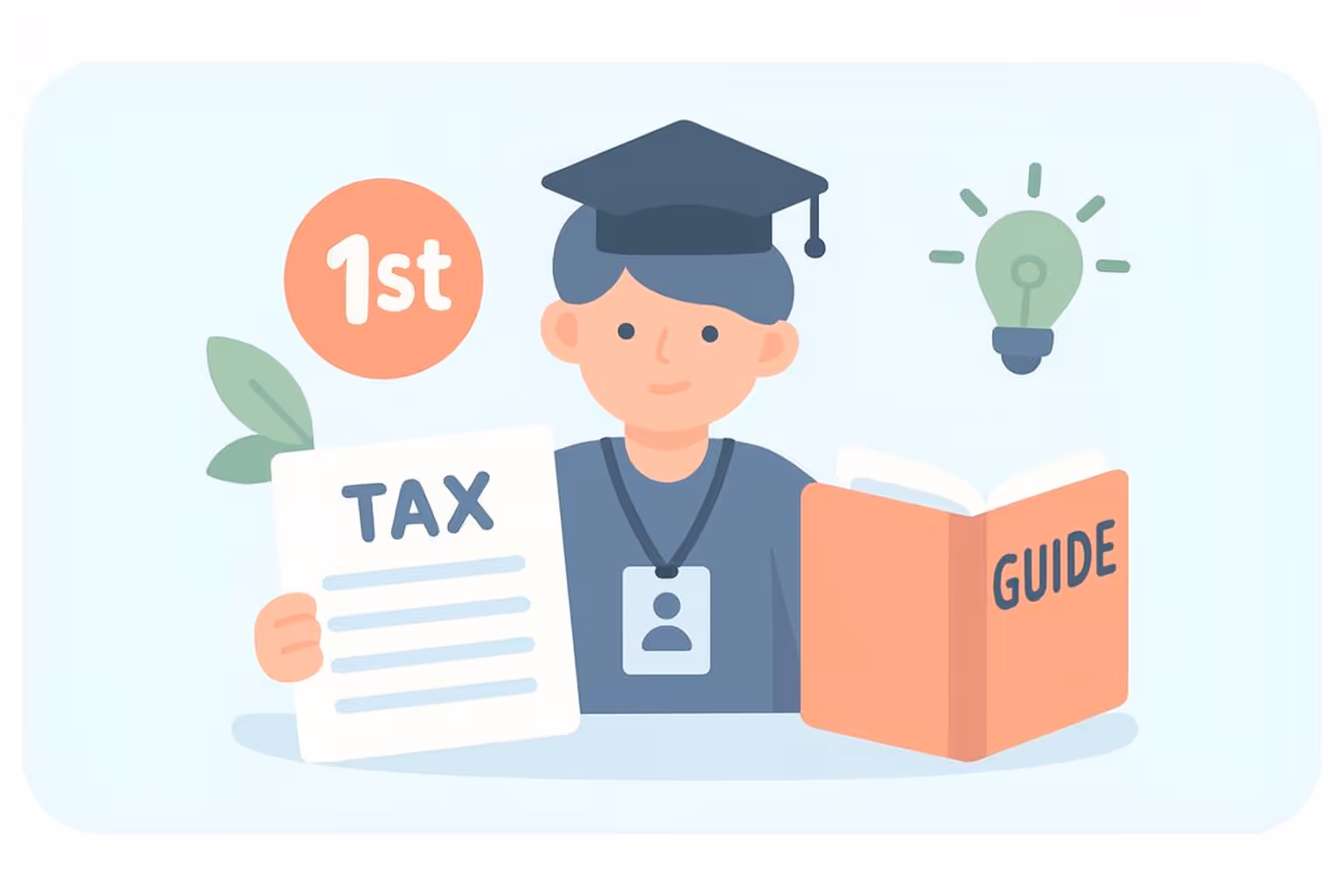 Person wearing a graduation cap holding a tax document and an open guidebook with a lightbulb icon above.