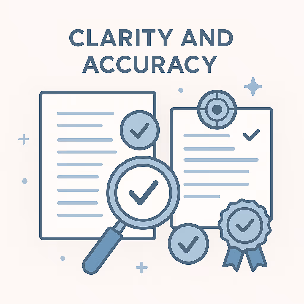 Illustration with text 'Clarity and Accuracy' showing documents, check marks, a magnifying glass, a target, and a ribbon badge symbolizing verified information.