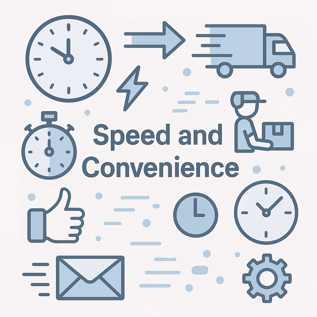 Illustration of clocks, stopwatch, delivery truck, package handler, envelope, thumbs up, gear icon, and arrow with text 'Speed and Convenience'.