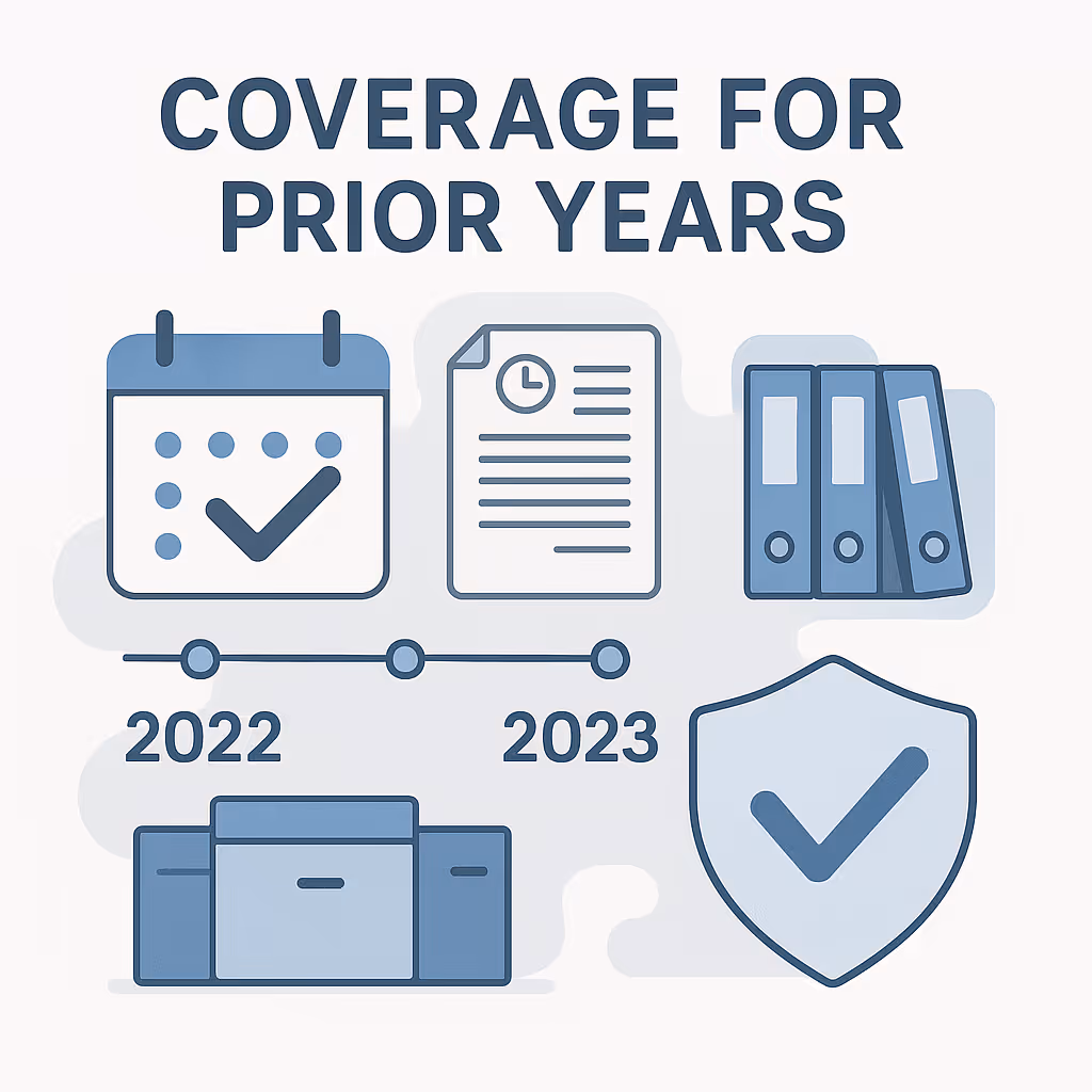 Illustration showing coverage for prior years 2022 and 2023 with icons of a calendar, document, file folders, a printer, and a shield with a checkmark.