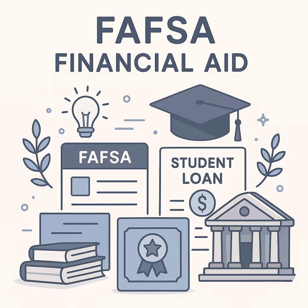 Graphics showing FAFSA financial aid concepts including FAFSA form, student loan document, graduation cap, books, certificate, lightbulb, and institutional building.