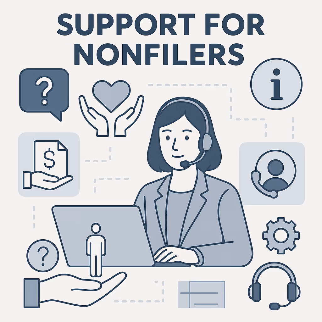 Illustration of a woman with a headset working on a laptop surrounded by support icons like question marks, a heart in hands, information symbol, phone, and headset, with the text 'Support for Nonfilers'.