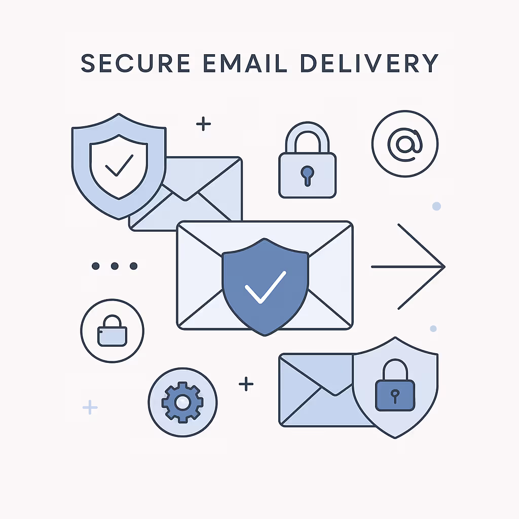 Illustration of secure email delivery featuring envelopes with shields and padlocks representing email protection and encryption.