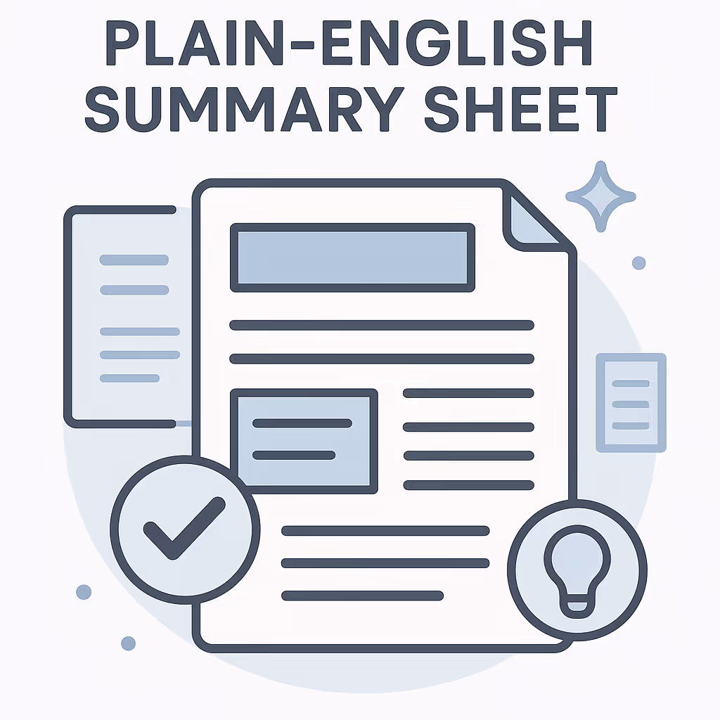 Illustration of a plain-English summary sheet with text lines, a checkmark icon, and a lightbulb icon.