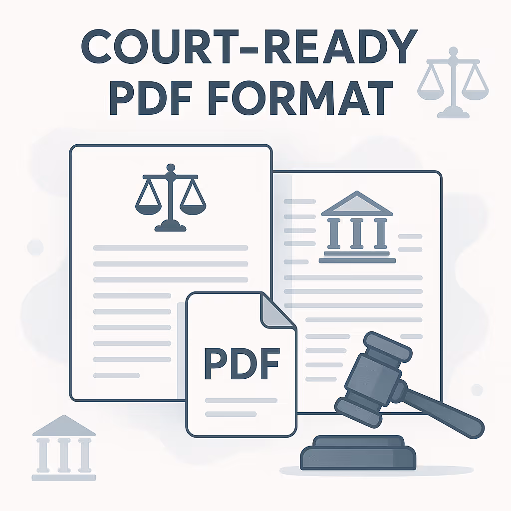 Illustration of court-ready PDF format with legal documents showing scales of justice, courthouse icon, and a judge's gavel.
