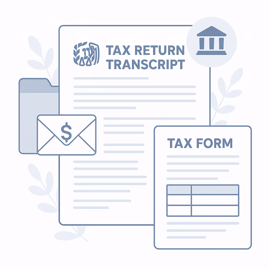 Illustration of tax documents including a tax return transcript, tax form with a table, an envelope with a dollar sign, and a folder with institutional building icon.