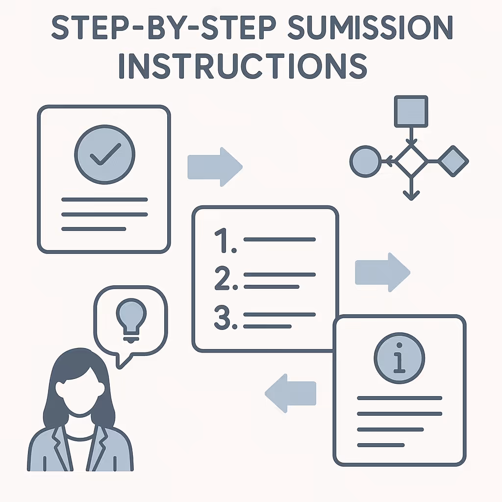 Illustration of step-by-step submission instructions with icons of checkmark, numbered list, information symbol, flowchart, and a person with a lightbulb idea bubble.