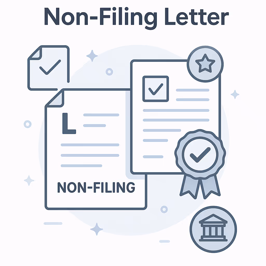 Illustration of documents labeled Non-Filing with checkmarks, a ribbon, and a courthouse icon representing verification of non-filing status.