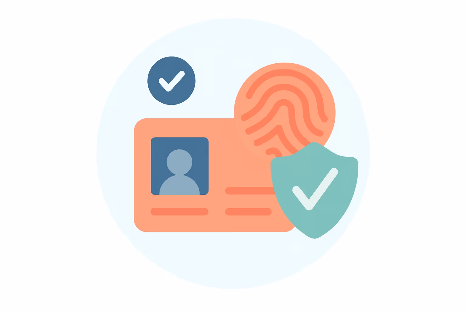 Illustration of an ID card with a profile icon, a fingerprint, and check marks indicating identity verification and security.