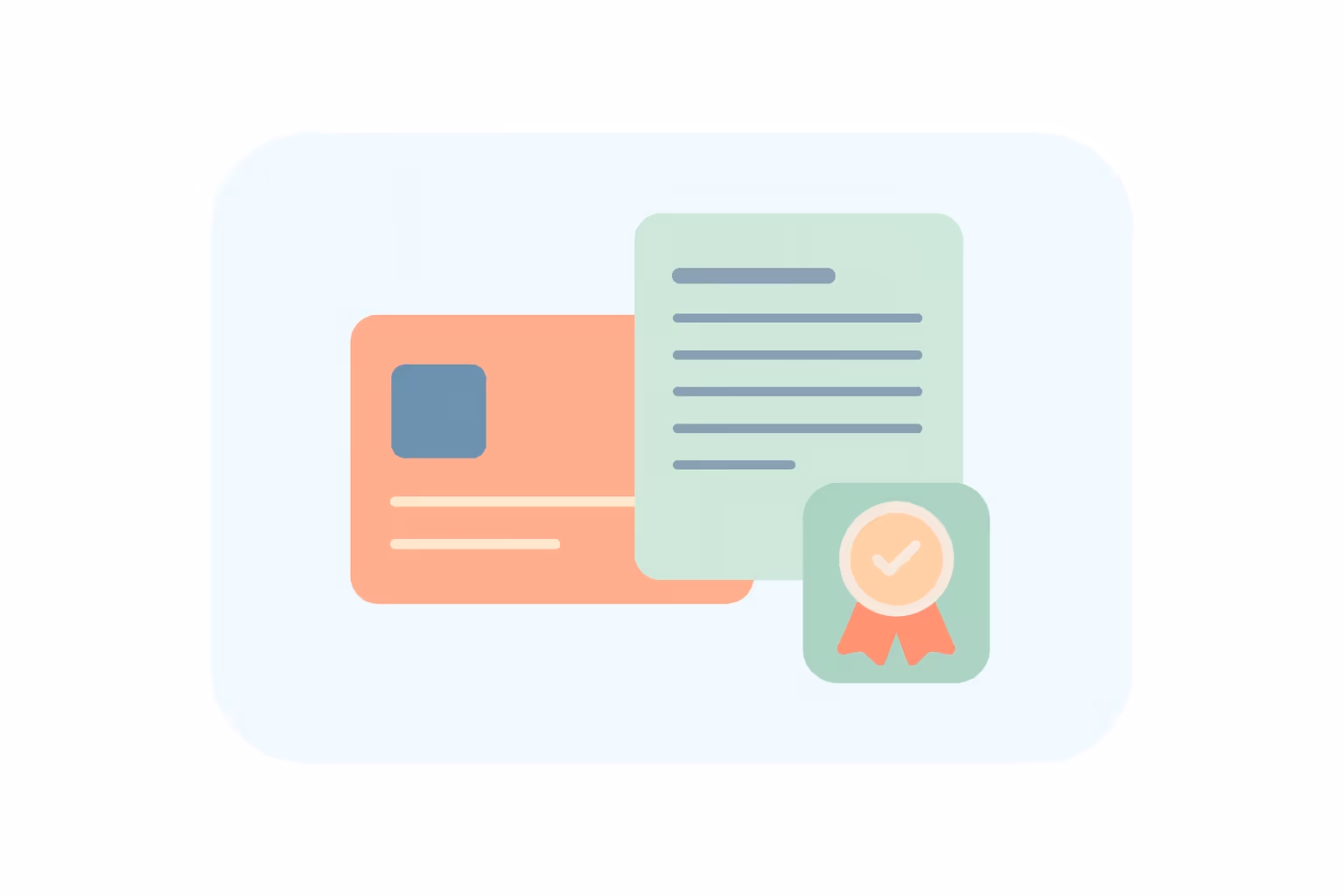 Illustration of a document, an ID card, and a certificate with a checkmark ribbon symbol.