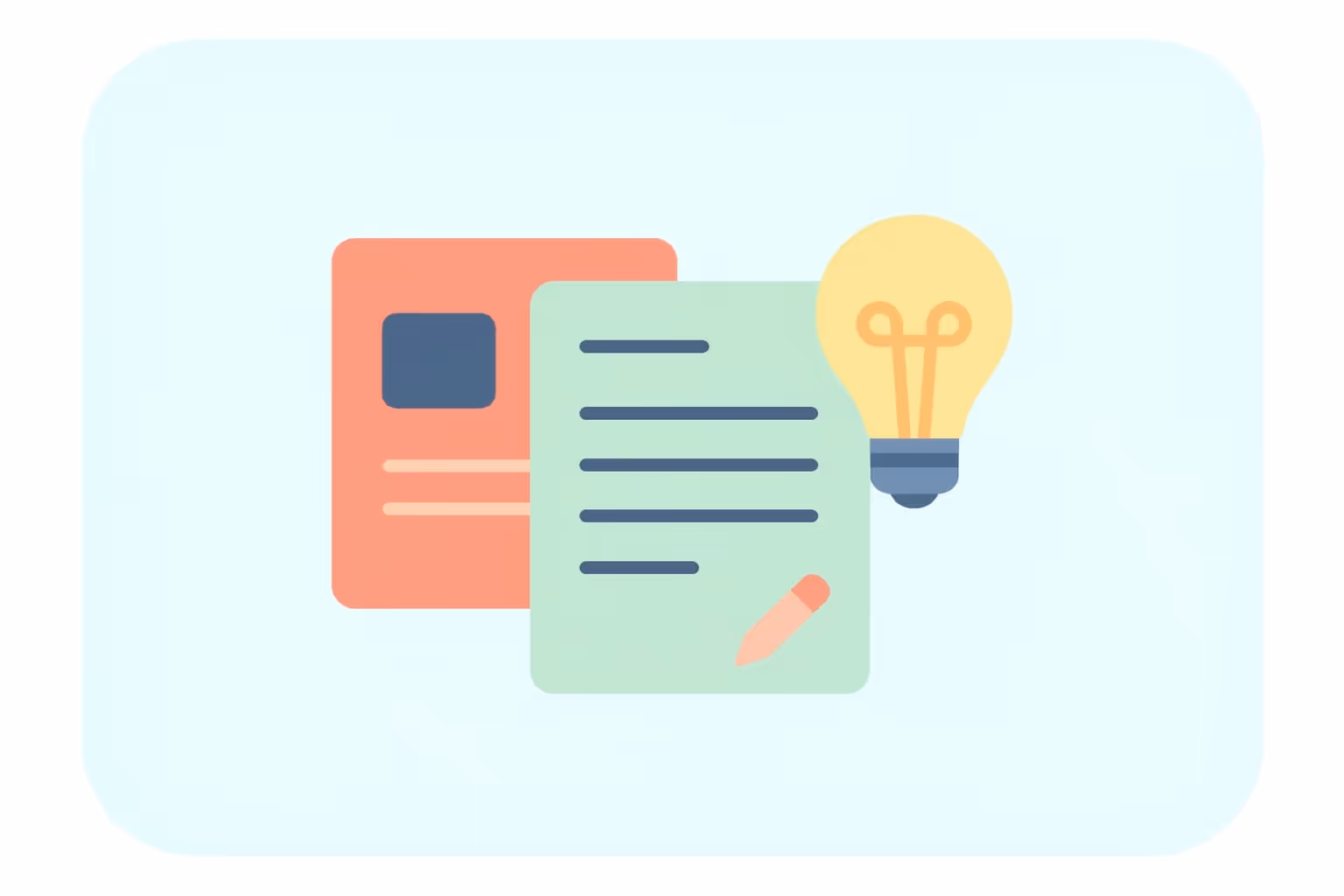 Illustration of a light bulb next to a green document with writing and a pencil, overlaying a red card with text and a dark square.