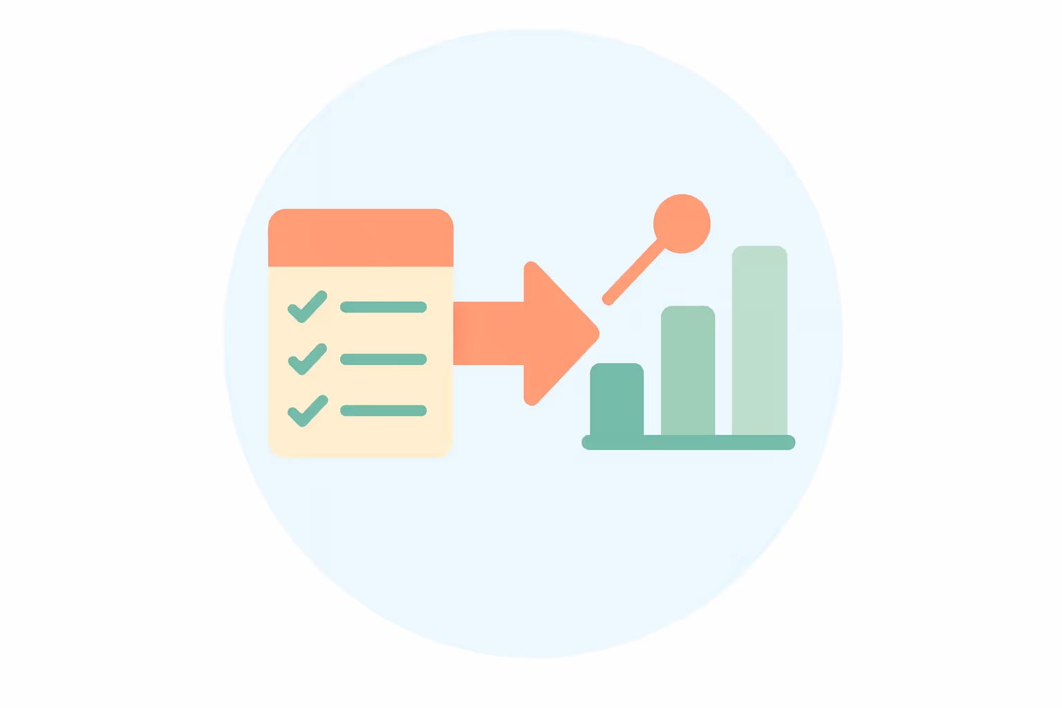 Checklist with three checked items on the left, an arrow pointing right, and a bar chart with increasing bars on the right.
