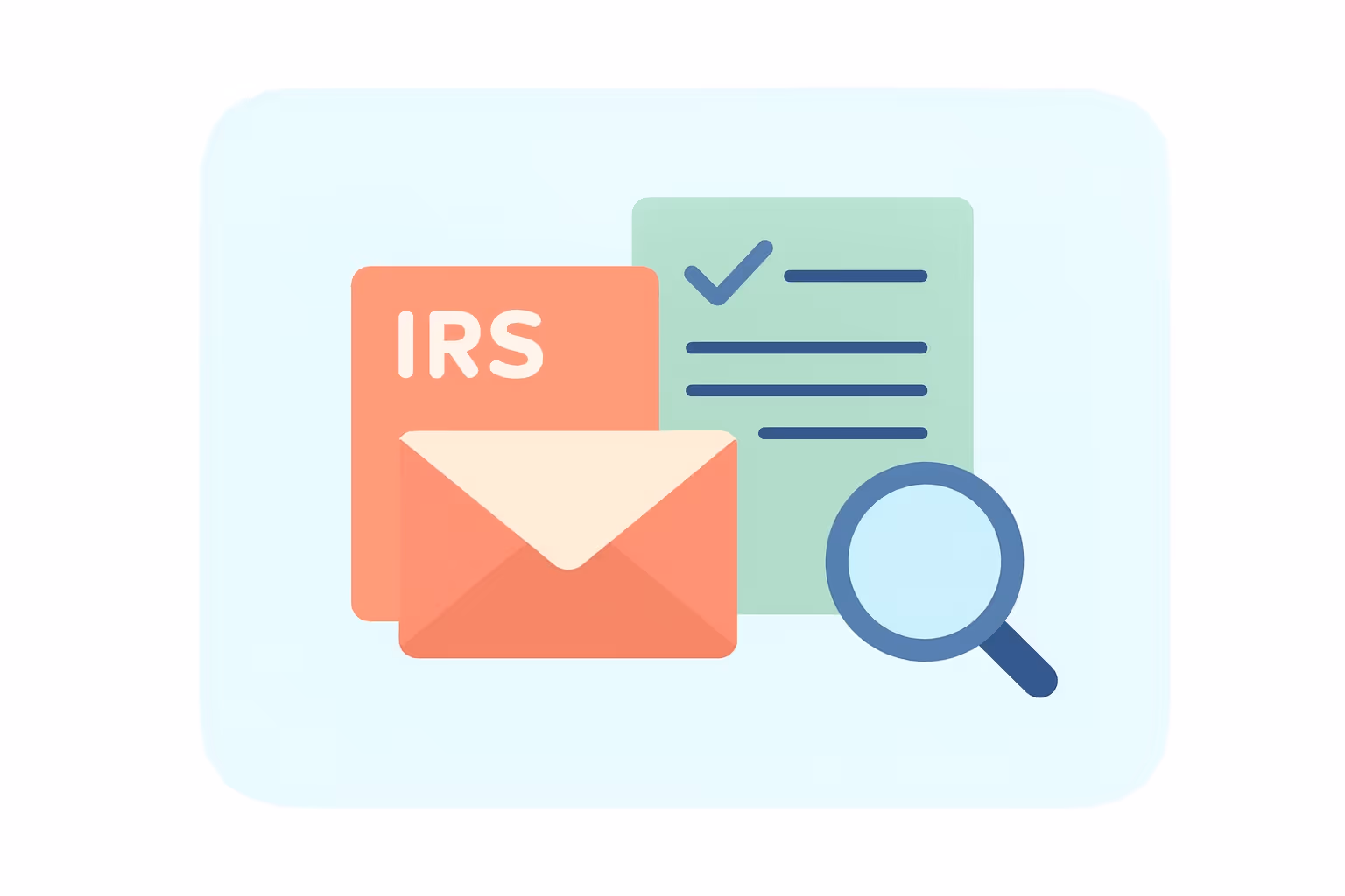 Illustration of an IRS document, a sealed envelope, and a magnifying glass with a checklist.