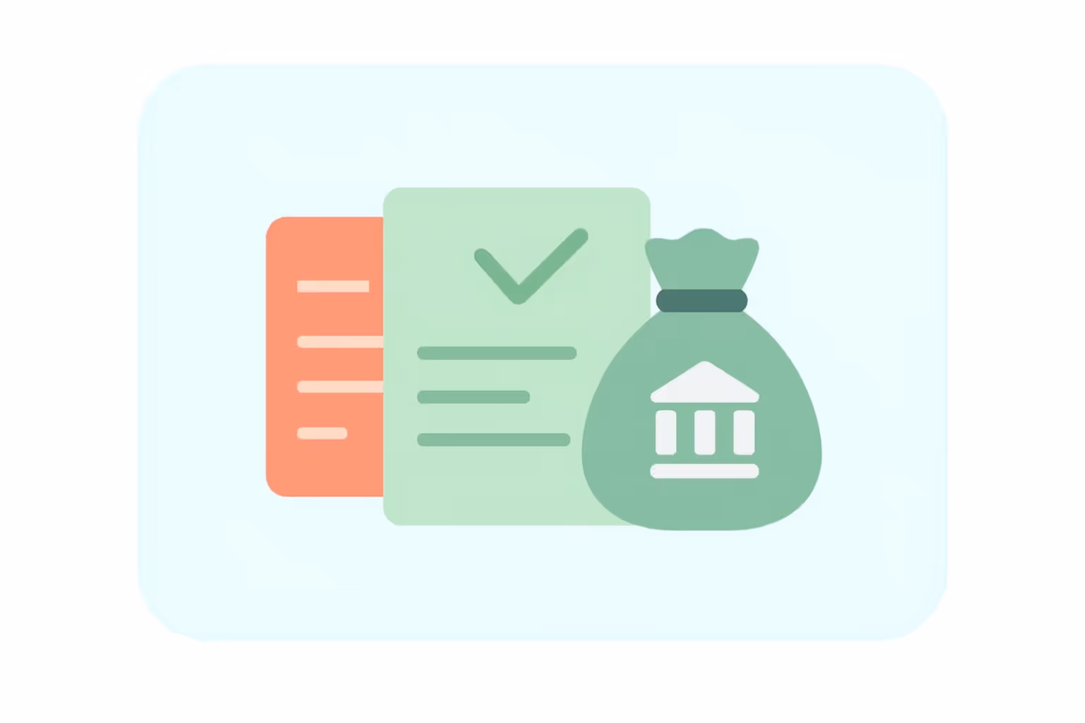 Illustration of two documents, one with a checkmark, beside a money bag featuring a bank symbol.