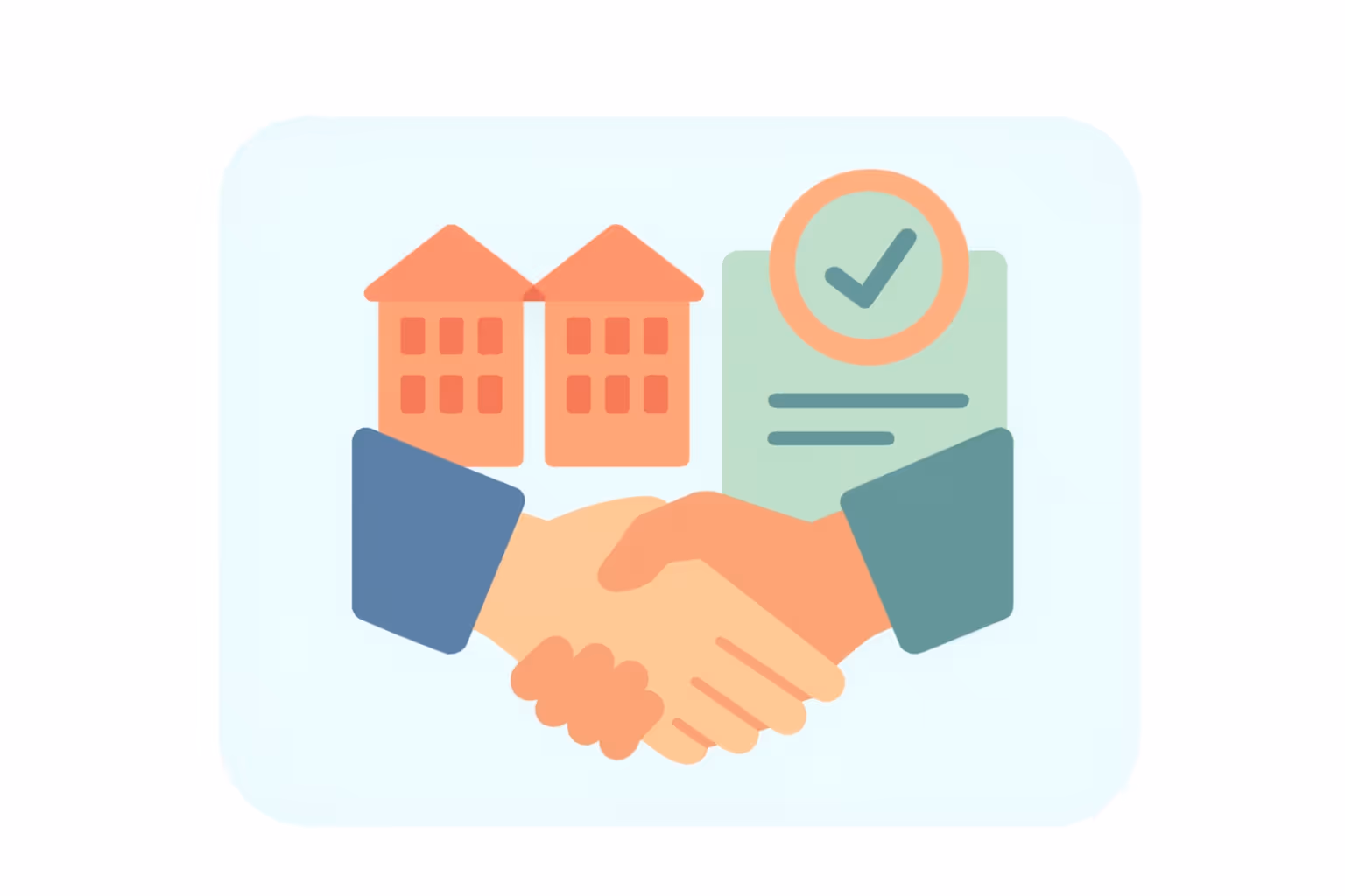 Illustration of two hands shaking with two buildings and a document with a checkmark in the background, symbolizing agreement or partnership.