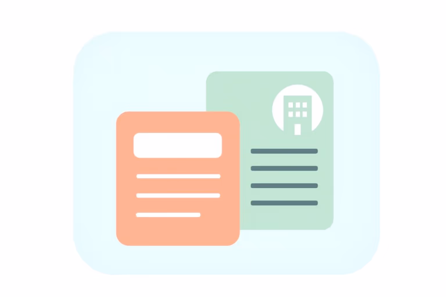 Graphic showing two abstract documents, one orange with lines and one green with a building icon and lines.