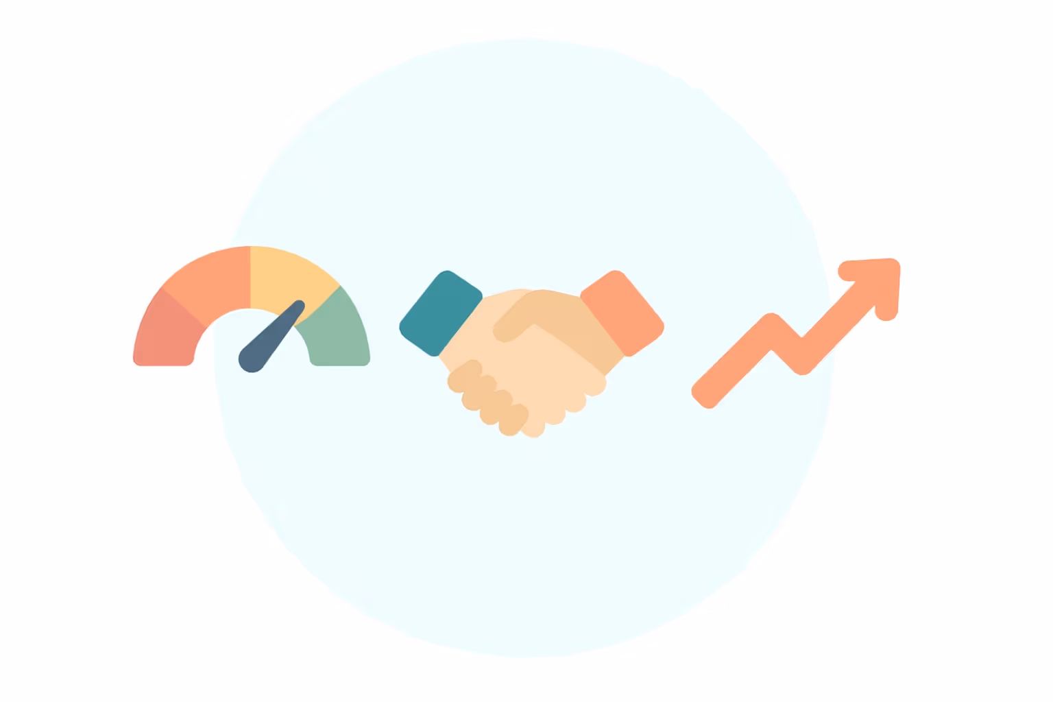 Graphic with a credit score gauge, a handshake symbolizing agreement, and an upward trending arrow representing growth.
