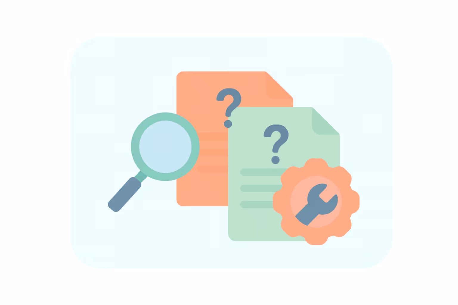 Magnifying glass examining two documents with question marks and a gear with a wrench icon.