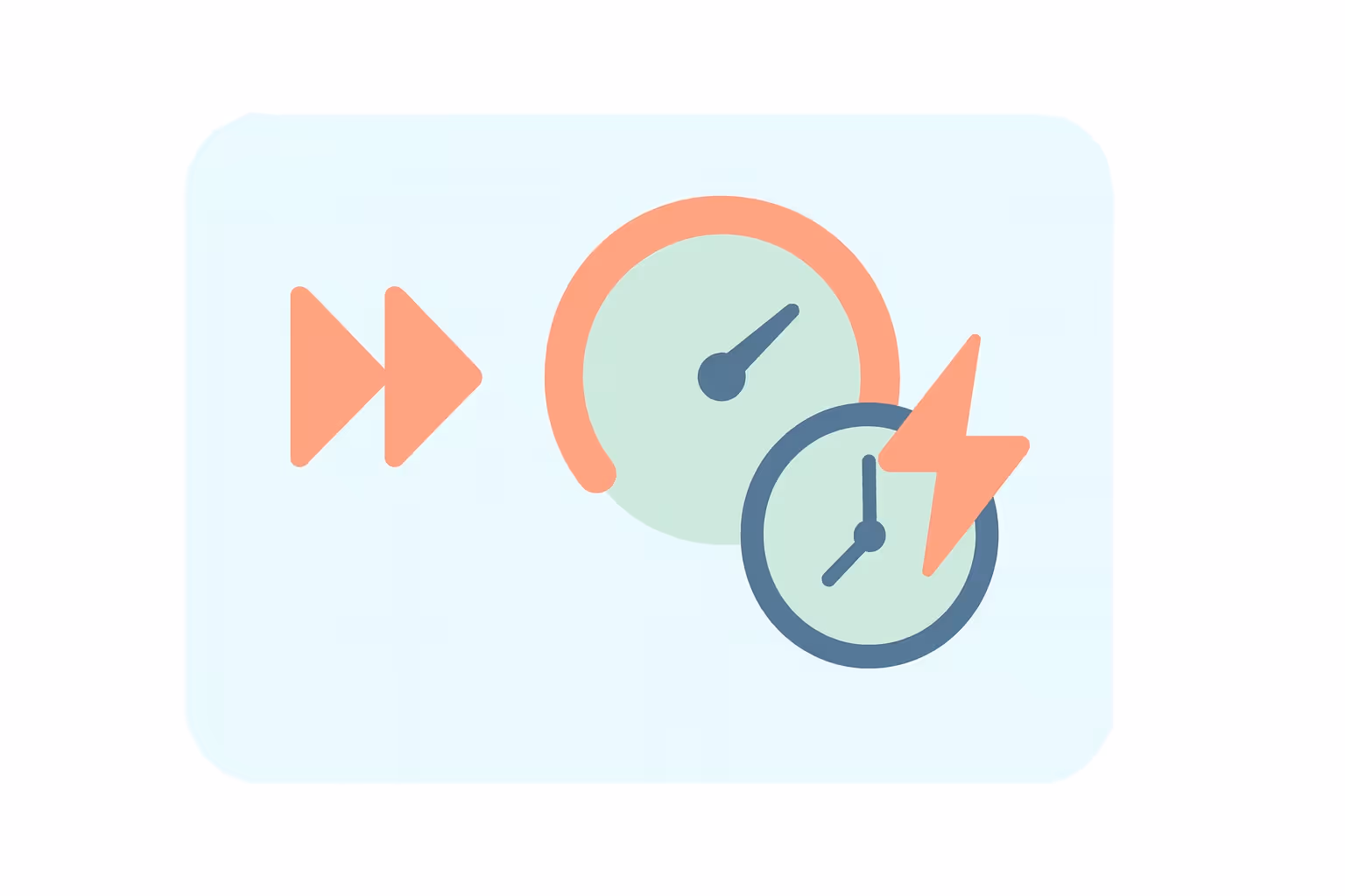 Icons representing speed and efficiency with a fast-forward symbol, a speedometer, and a clock with a lightning bolt.