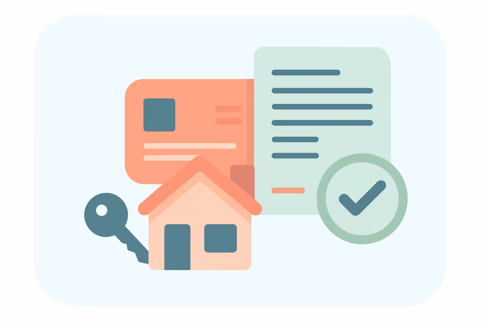 Illustration of a house with a key, ID card, document, and a checkmark symbolizing approved mortgage and loan applications.