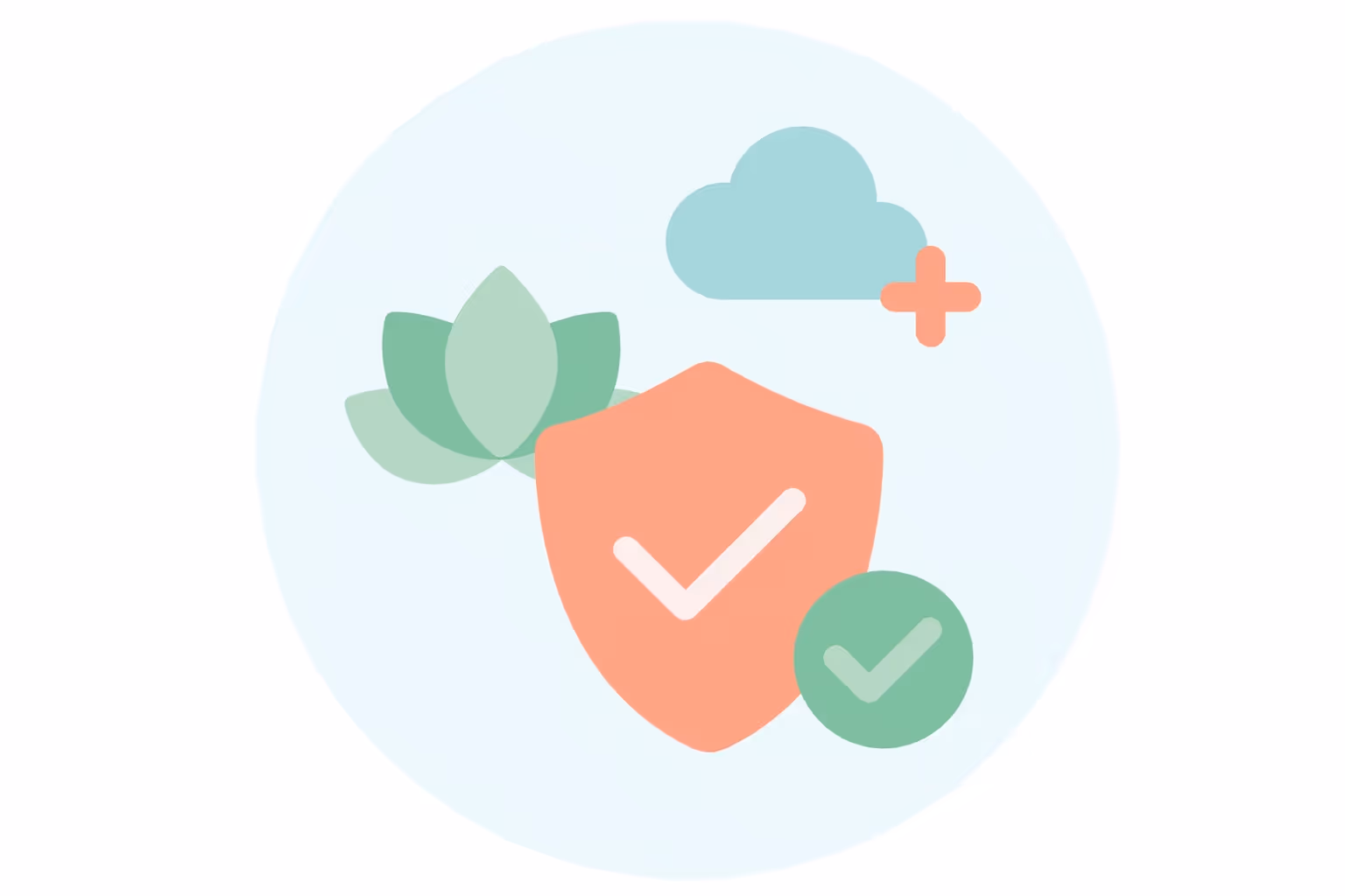 Shield and check marks symbolizing security and approval with a lotus flower and cloud with a plus sign in the background.
