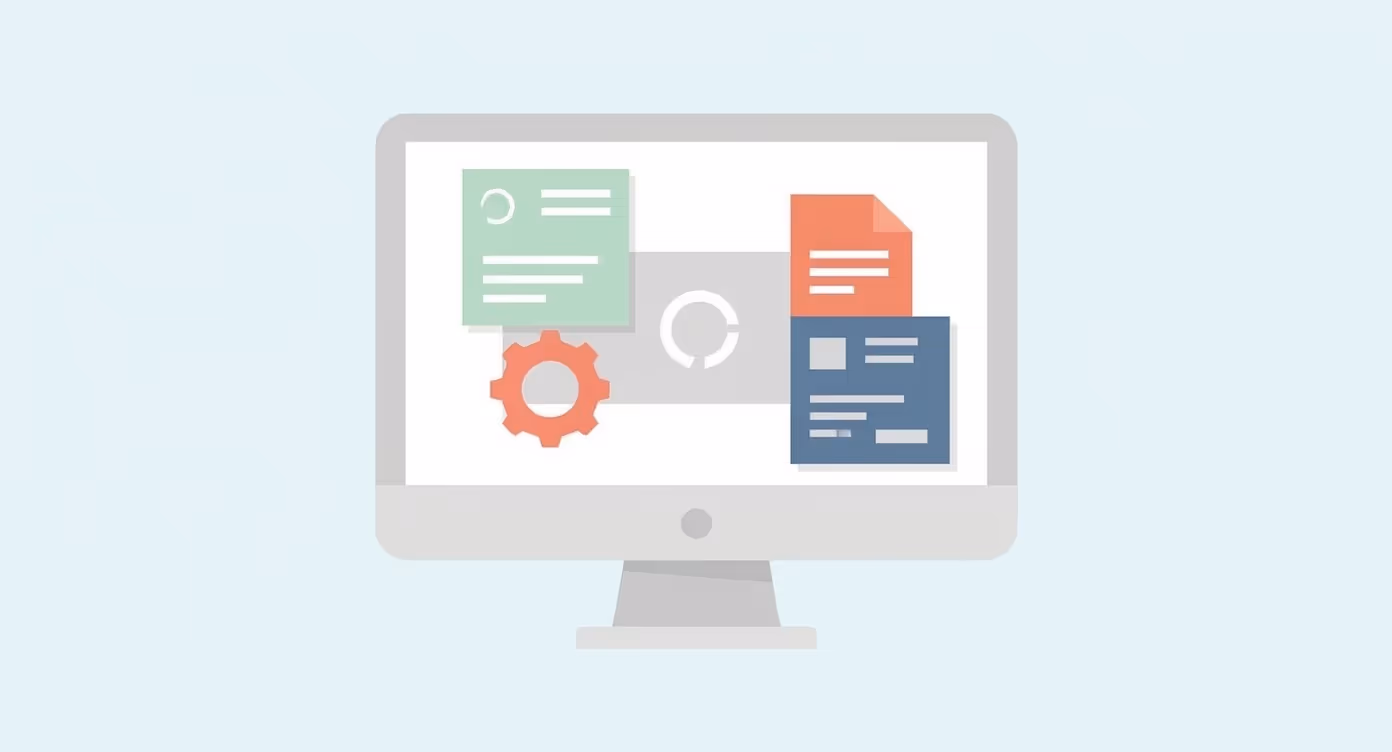Illustration of a computer monitor with floating digital documents and a gear icon representing data processing or software.