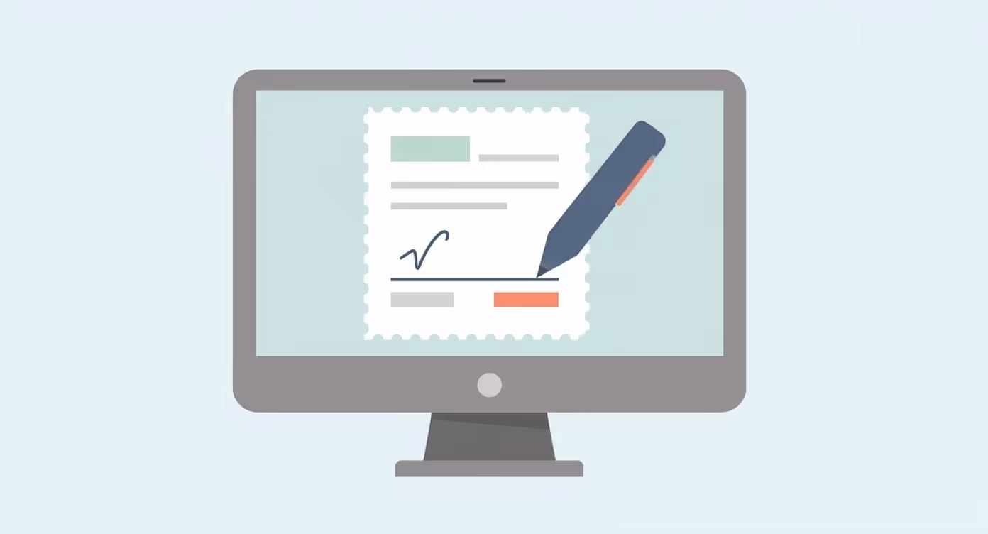 Illustration of a computer monitor displaying a document with a pen signing on a signature line.