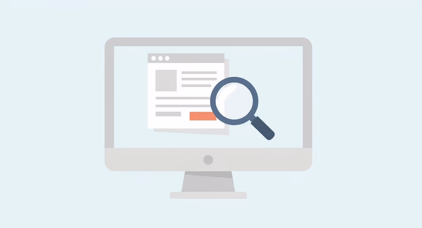 Computer monitor displaying a webpage with a magnifying glass over it.