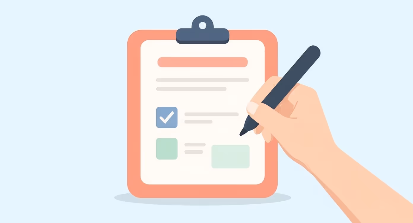Illustration of a hand holding a pen and marking a checklist on a clipboard.