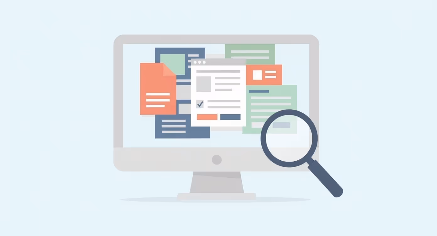 Illustration of a computer monitor displaying multiple overlapping digital documents with a magnifying glass focusing on the screen.