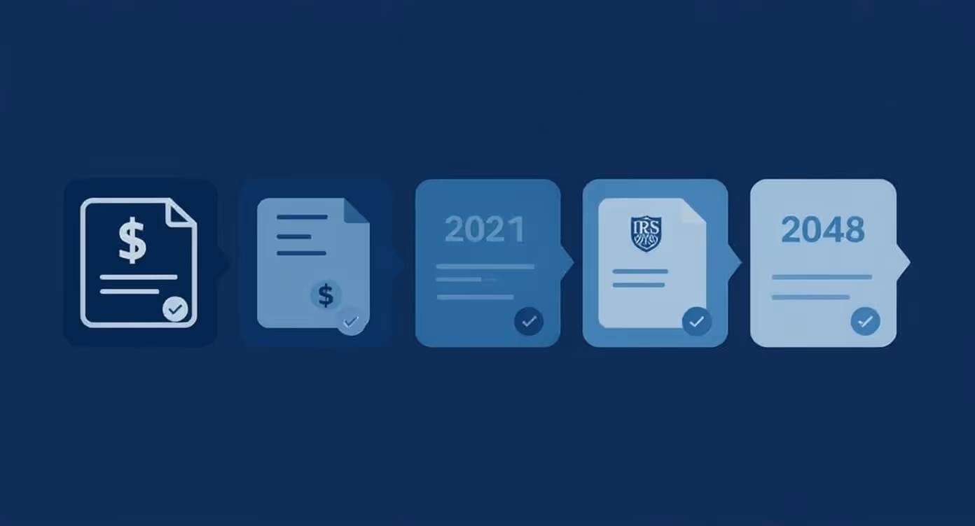 Illustrated icons of financial documents and years 2021 and 2048 on a dark blue background.