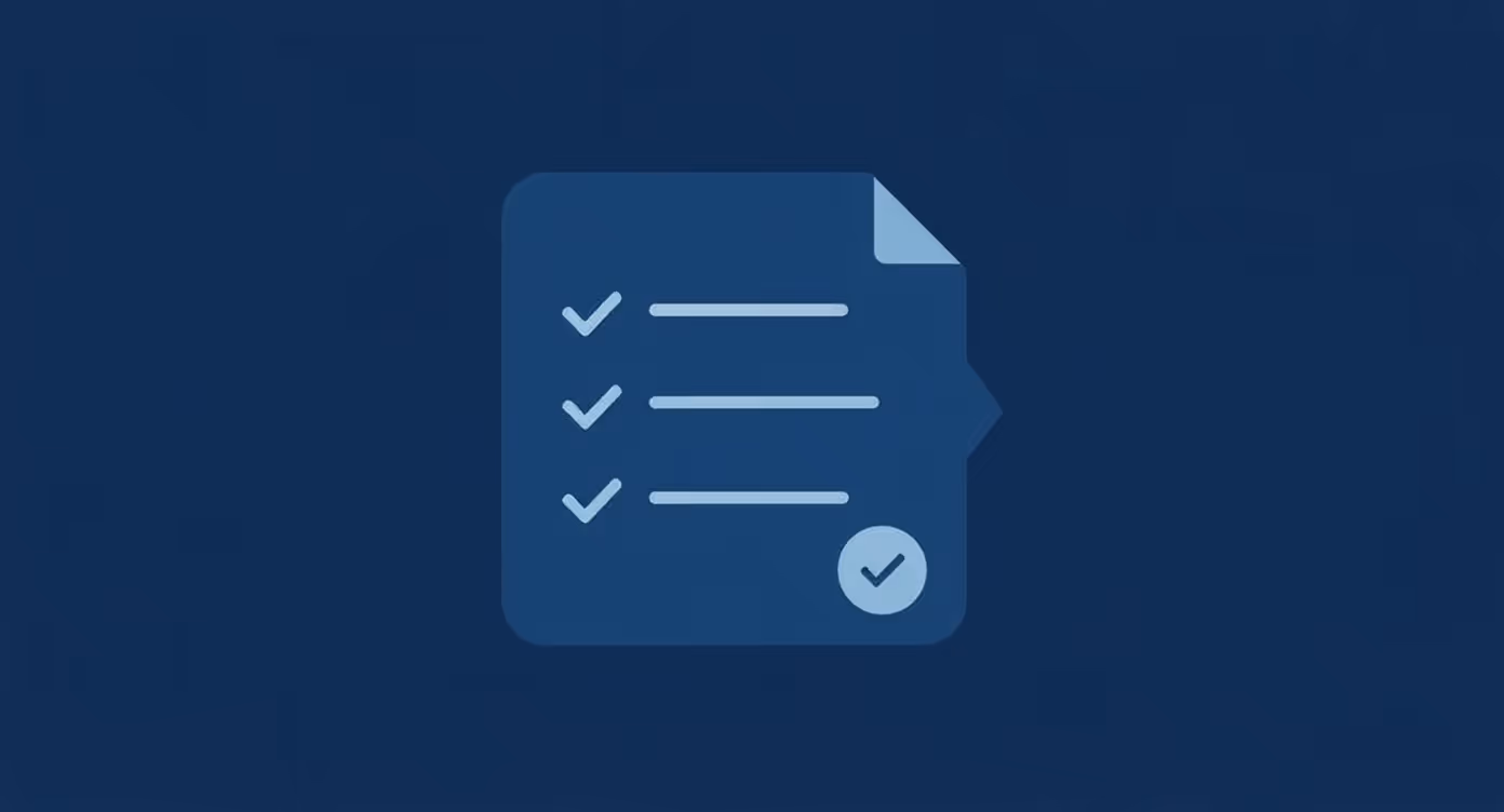 Icon of a document with three checkmarks indicating completed checklist items on a dark blue background.