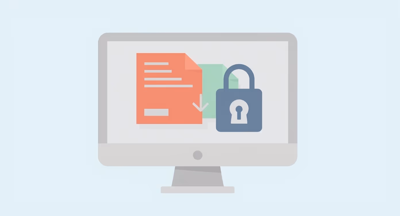 Illustration of a computer screen displaying two documents with a download arrow and a padlock symbolizing secure file access.