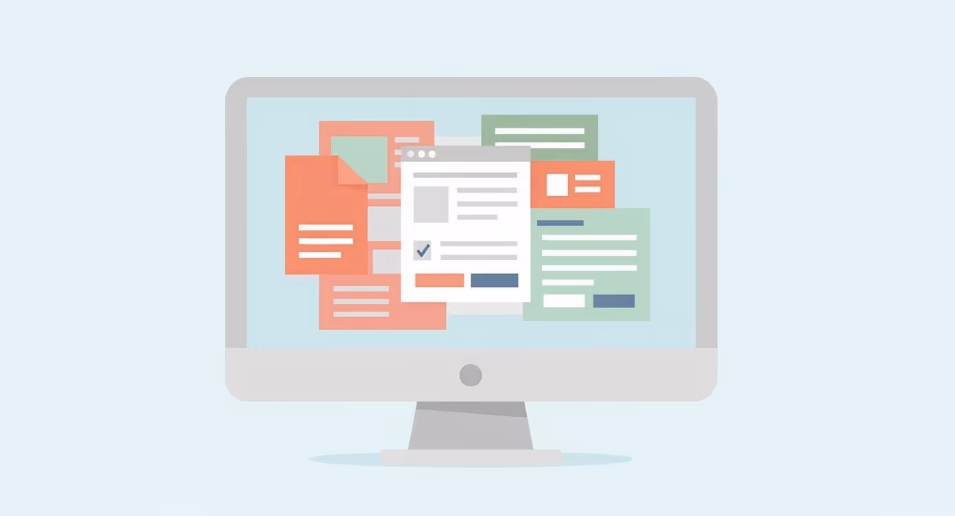 Illustration of a computer screen displaying overlapping colorful digital documents and windows.