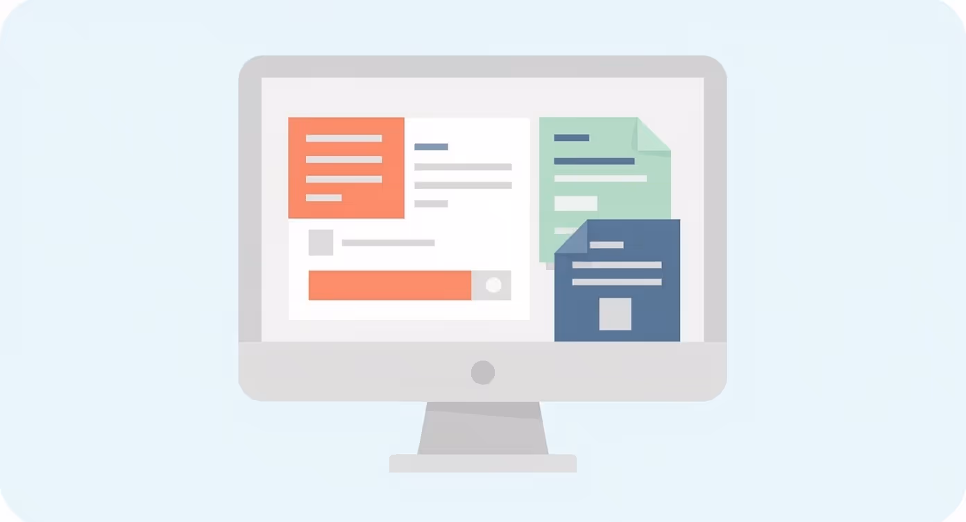 Illustration of a computer monitor displaying digital documents and interface elements with colored sections in red, green, and blue.