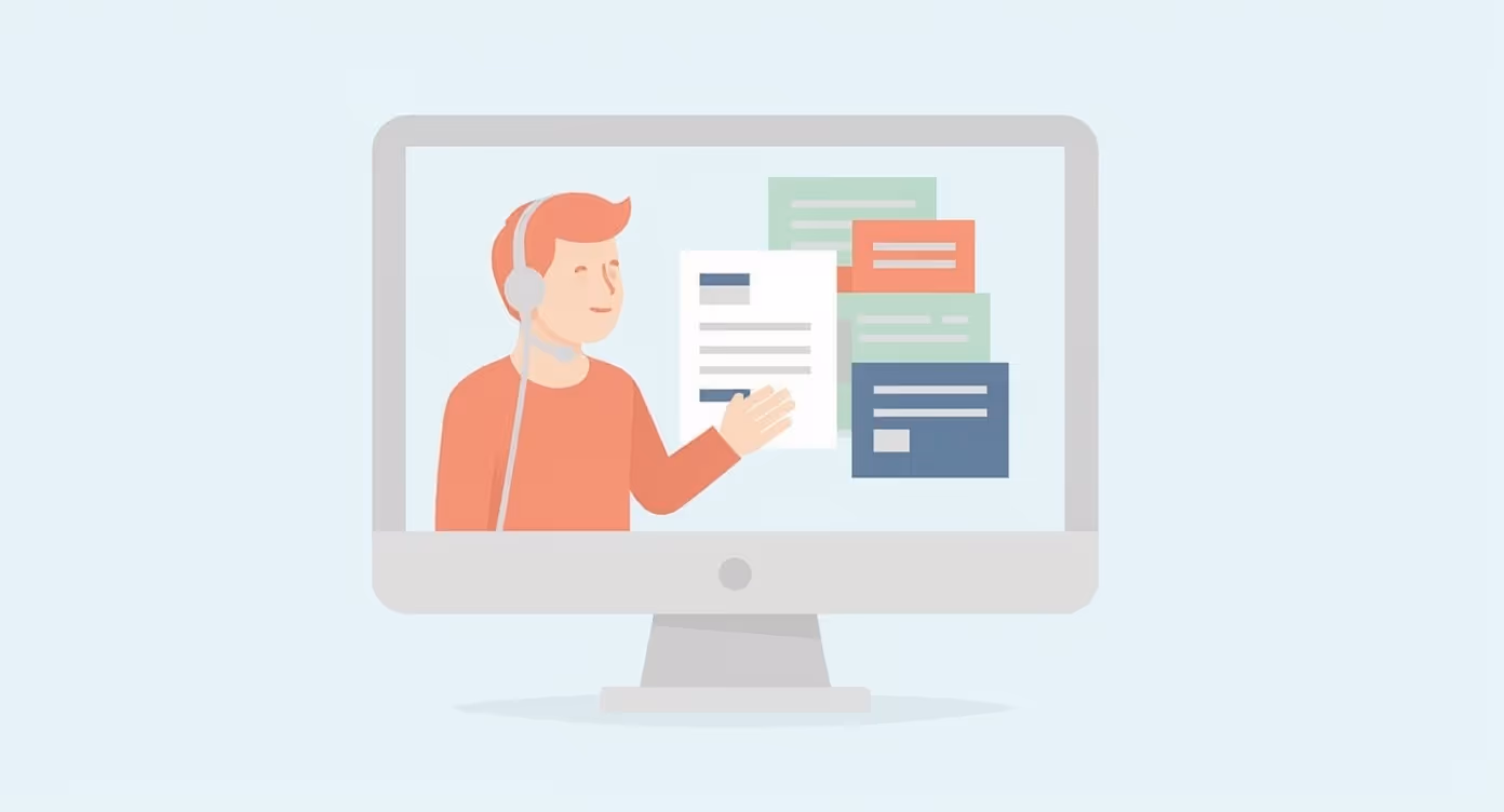 Illustration of a person wearing a headset presenting documents on a computer screen with colorful text boxes.