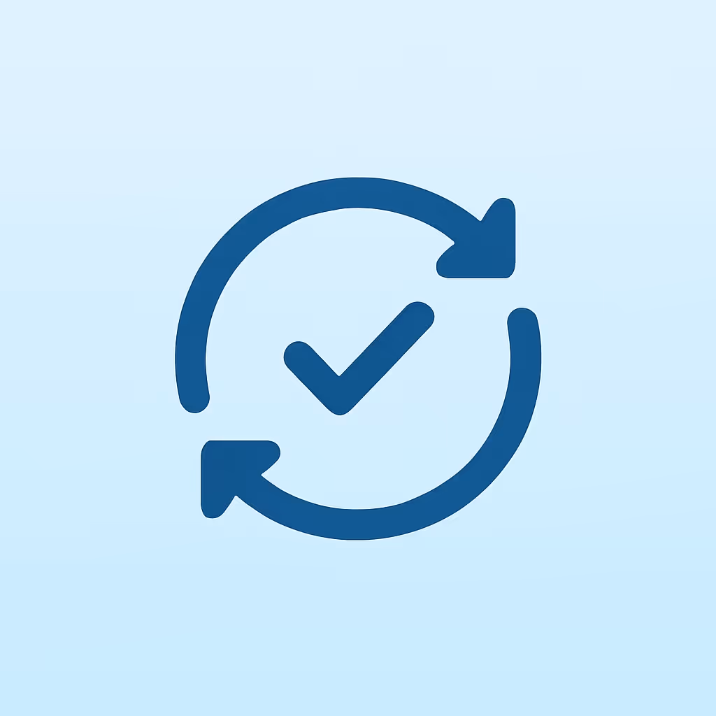 Blue circular arrows forming a loop around a check mark on a light blue background.