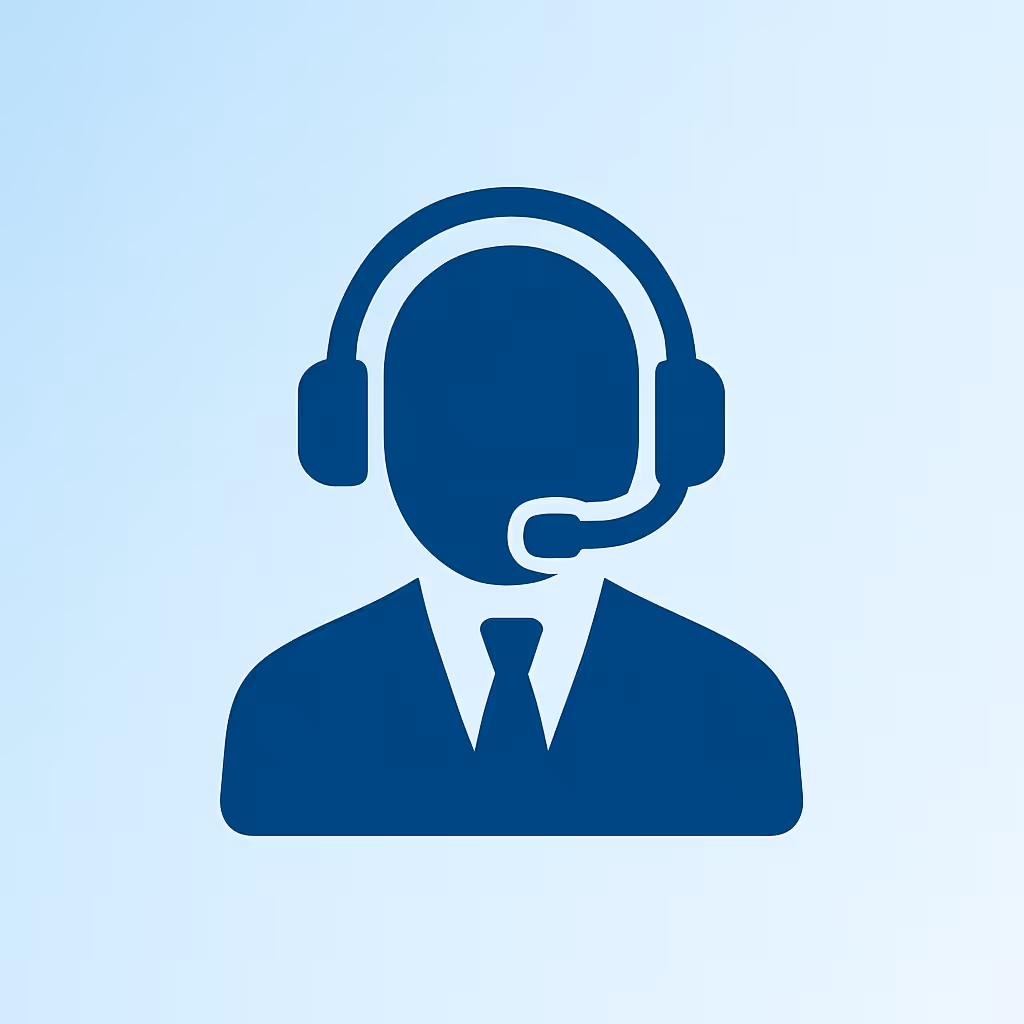 Blue icon of a person wearing a headset with microphone on a light blue background.