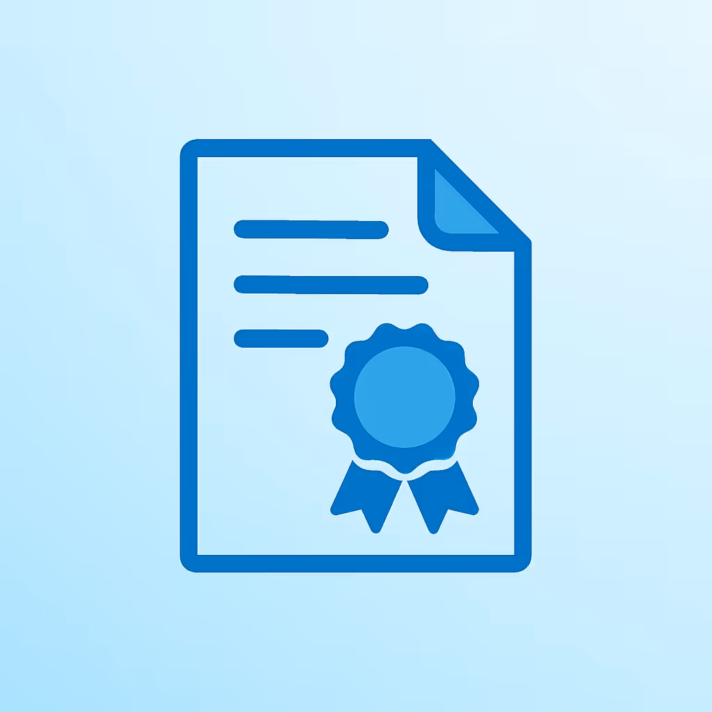 Blue icon of a certificate or document with a ribbon seal on a light blue background.