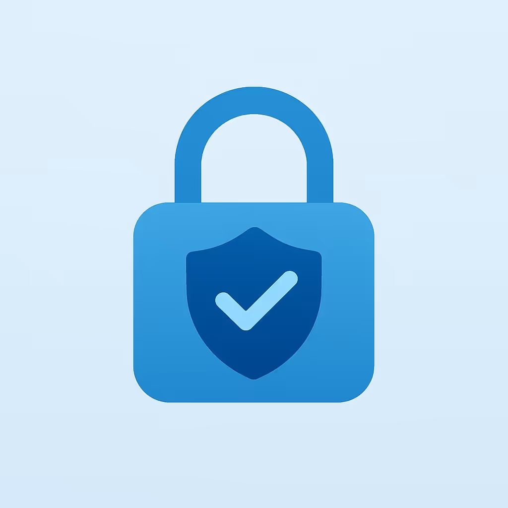 Blue padlock icon with a shield and checkmark symbol representing security and protection.