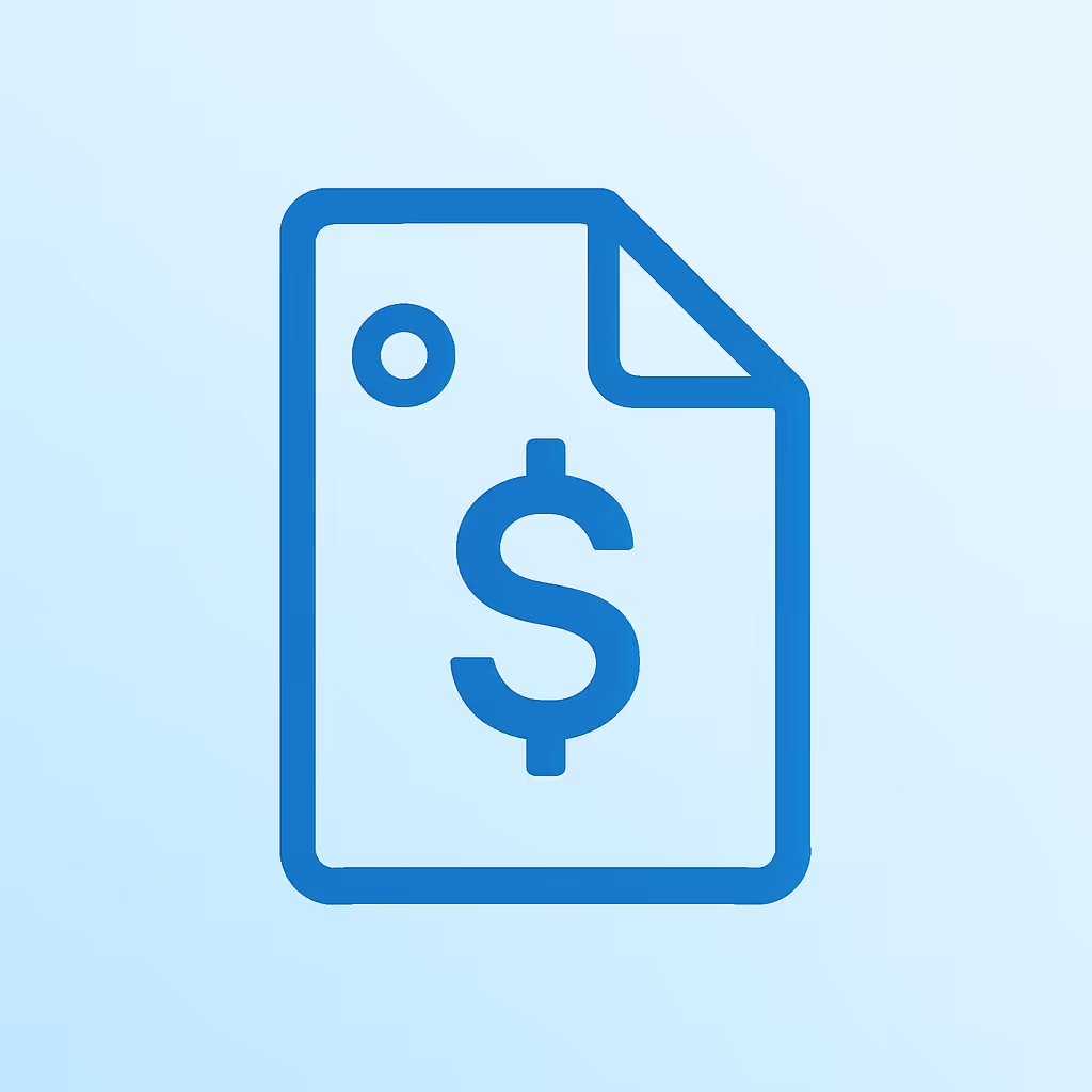 Blue icon of a document with a dollar sign on a light blue background.