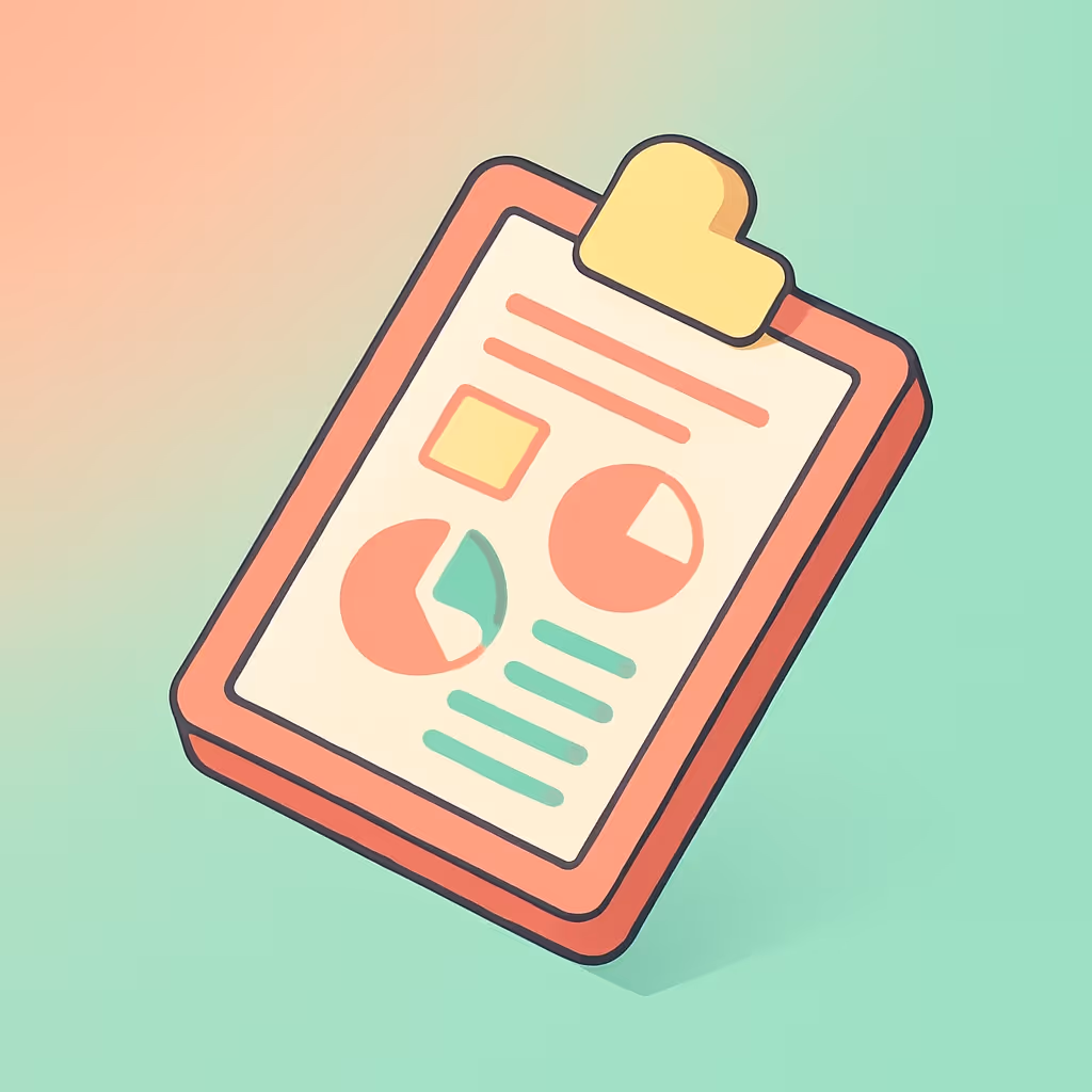 Illustration of a clipboard with two pie charts, a square, lines representing text, in coral, yellow, and teal tones on a gradient pastel background.