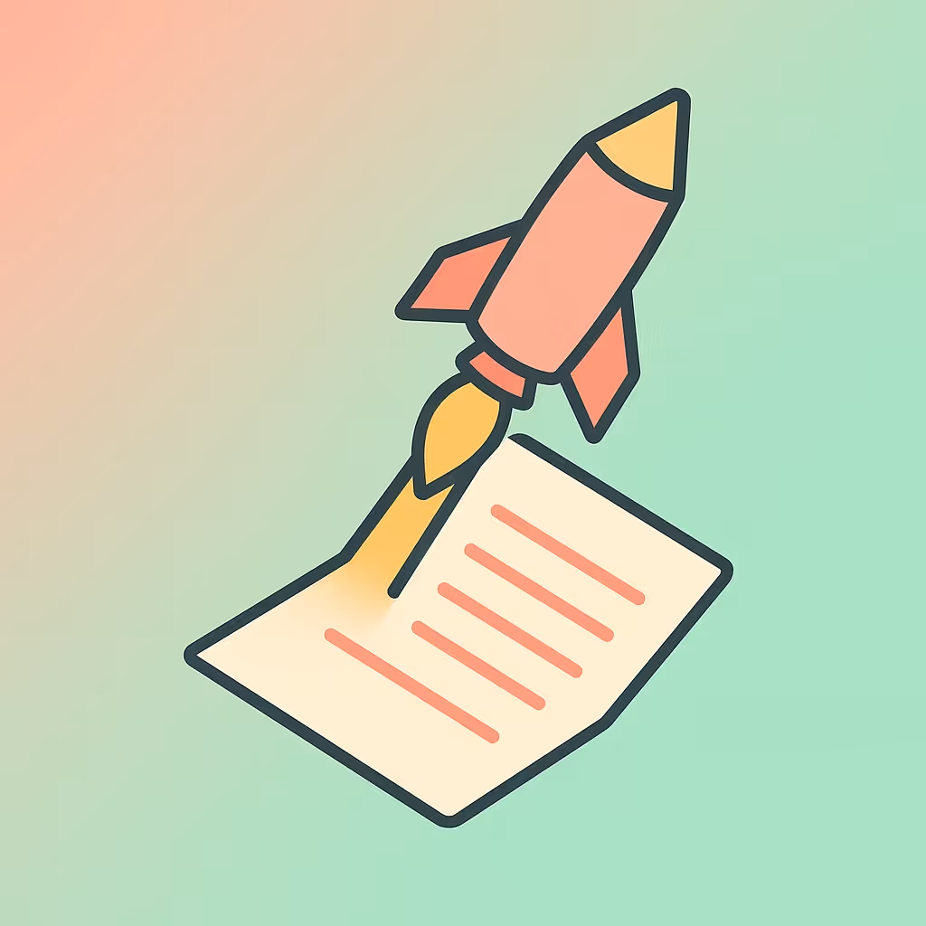 Illustration of a rocket launching from a document with lines, symbolizing document transmission or submission.