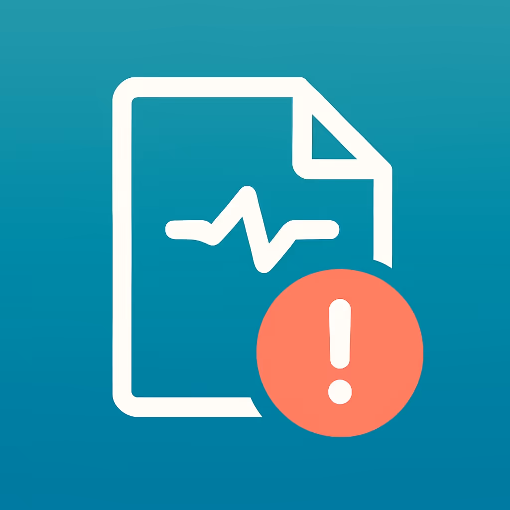 White document icon with a heartbeat line and a red exclamation mark alert symbol on a teal background.