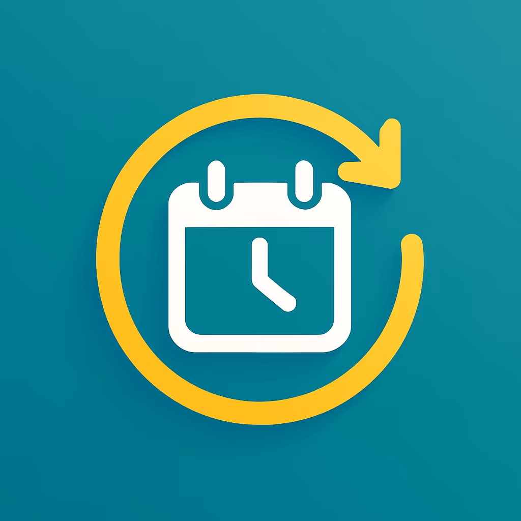 White calendar icon with clock hands inside, surrounded by a yellow circular arrow on teal background.