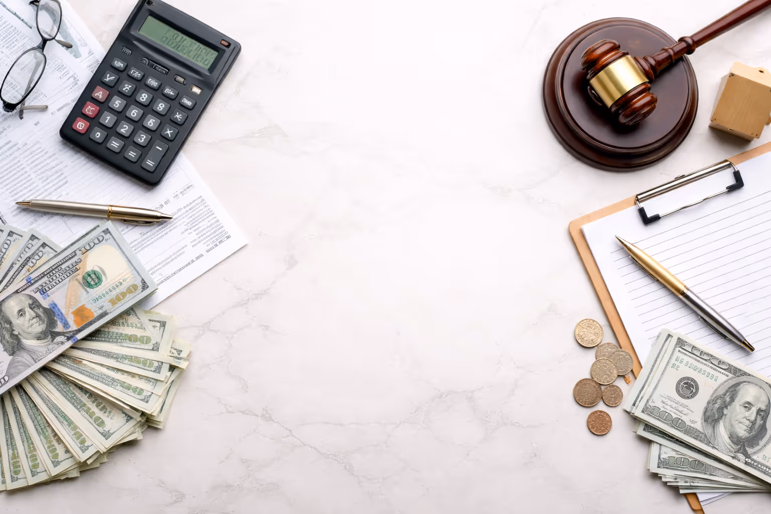 A workspace with US dollar bills and coins, a calculator, eyeglasses, pens, legal documents, a clipboard with lined paper, and a wooden judge's gavel on a light marble surface.