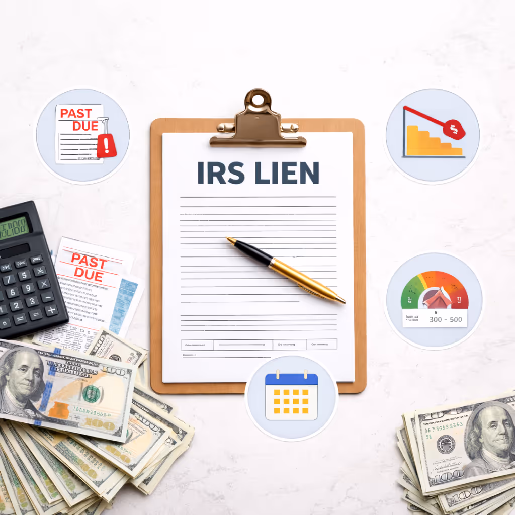 Clipboard with IRS lien document and pen, surrounded by calculator, past due notices, stacks of hundred-dollar bills, and icons of a calendar, credit score, declining graph, and past due alert.