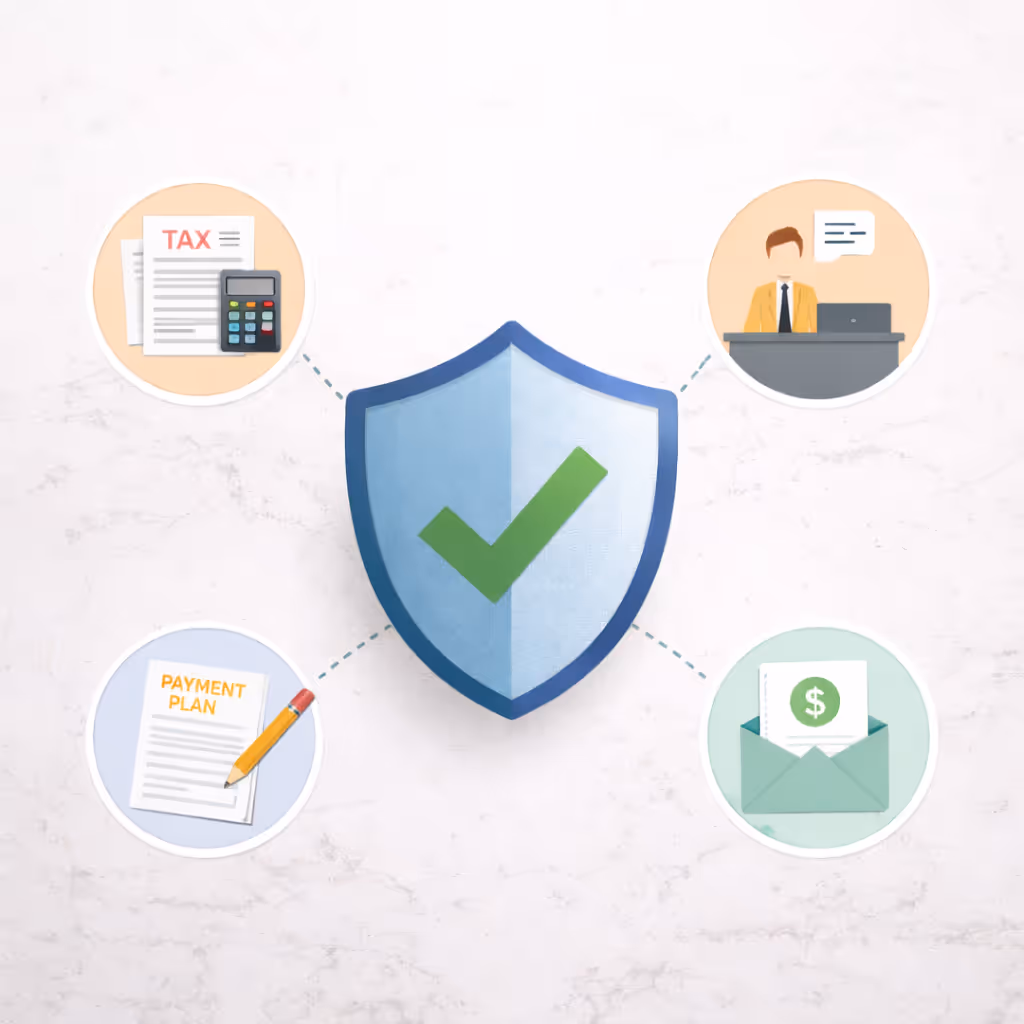 Shield with green checkmark in center connected to icons of tax documents with calculator, a person at a desk, a payment plan document with pencil, and an envelope with money symbol.